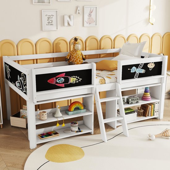Sweiko Lit enfant mi-hauteur 90*200 cm, étagère graffiti et étagères de rangement, pin, sans matelas, blanc