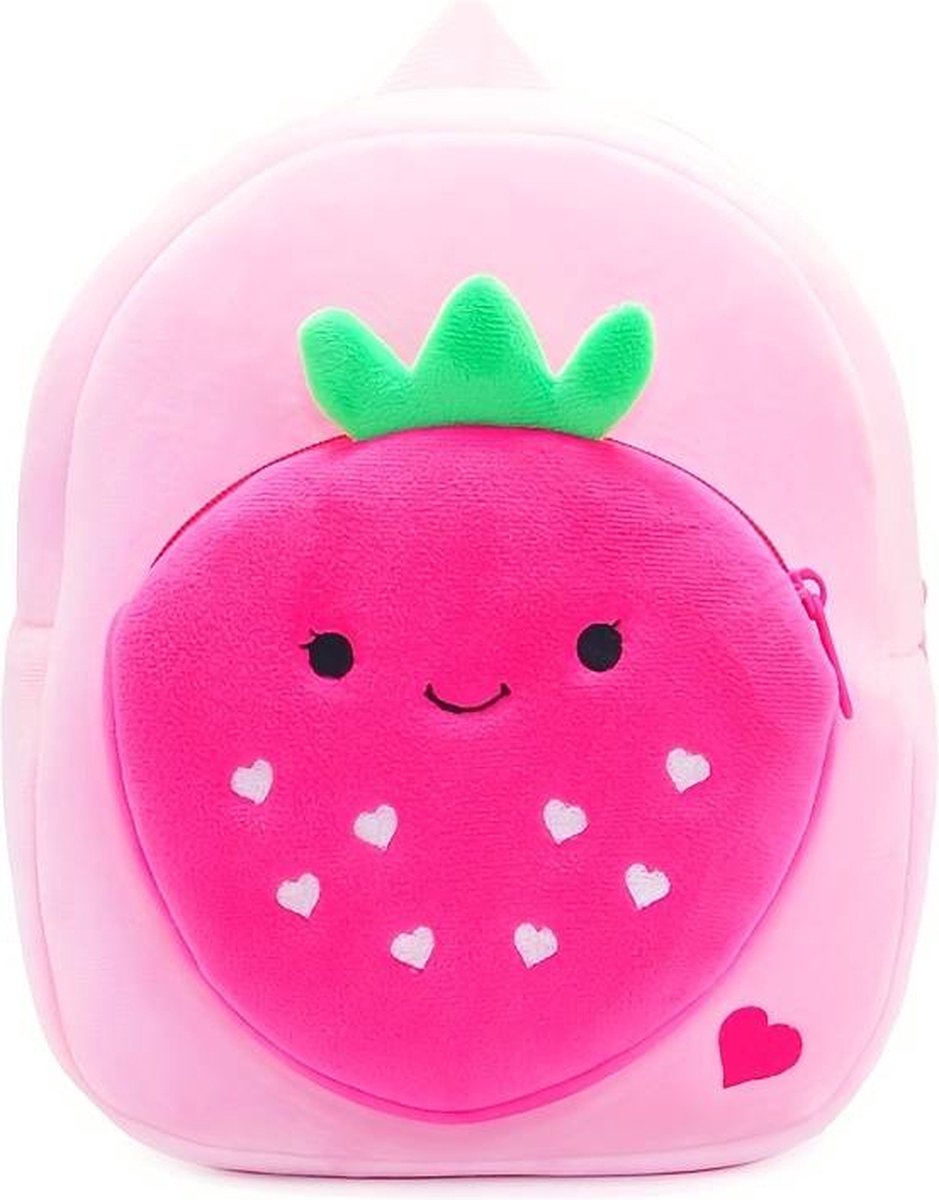 BoefieBoef Aardbei Kinder Rugzak – Pluche Peuter- Kleuter rugtas 0-5 Jaar – Groente & Fruit is Gezond & Fit – Ergonomisch & Wasbaar – Baby Backpack – Jongens & Meisjes – Schooltas, Gymtas, Peuterspeelzaal & BSO – Cadeau Verjaardag - Carnaval - Roze