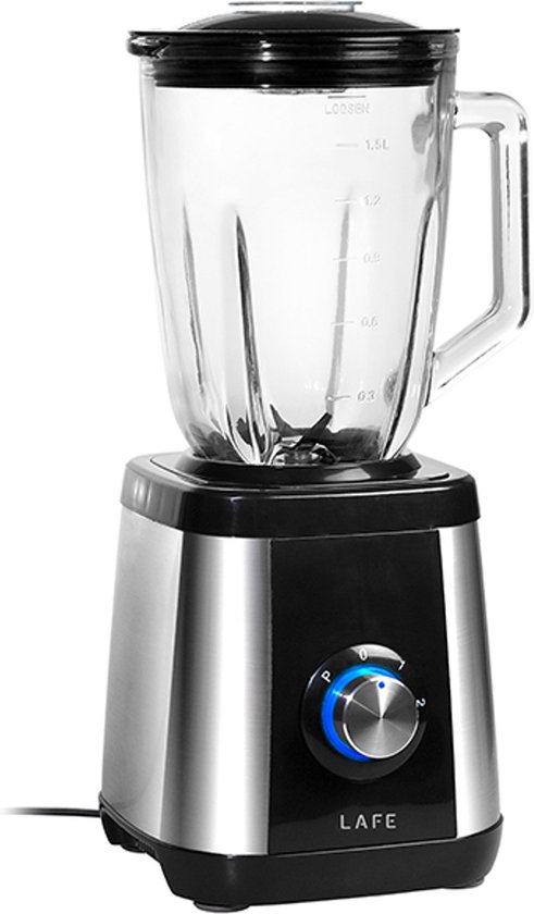 Zwarte en zilverkleurige Lafe blender met glazen kan, de draaiknop met blauwe verlichting.