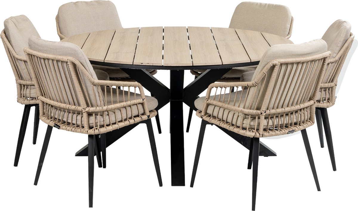 7-delige ronde tuinset | 6 Isabel tuinstoelen (Sand) | ø150cm Cyprus tuintafel (Wood)