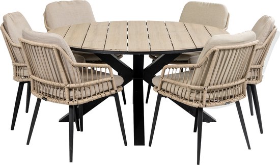 Ensemble de jardin rond 7 pièces | 6 Chaises de jardin Isabel (Sable) | Table de jardin Chypre ø150cm (Wood)