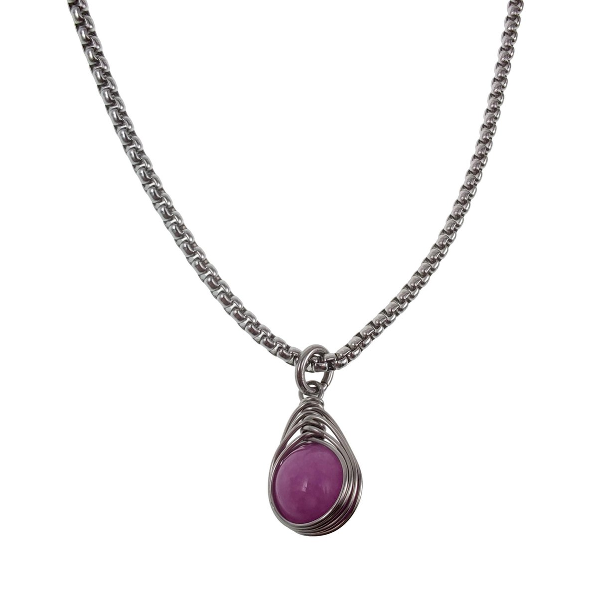 60cm x 3mm Jasseron-Ketting + Paarse Chalcedoon-Jade Steen Hanger Dames - RVS - Handgemaakt Natuursteen Hanger met Ketting