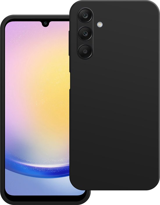 Zwart telefoonhoesje naast een smartphone met een kleurrijk scherm. Achterkant van het hoesje toont drie camera-ogen.