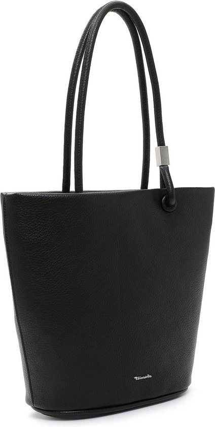 Vue de côté du shopper Tamaris noir. Le sac présente une surface texturée, aspect cuir, et des anses rondes élégantes.