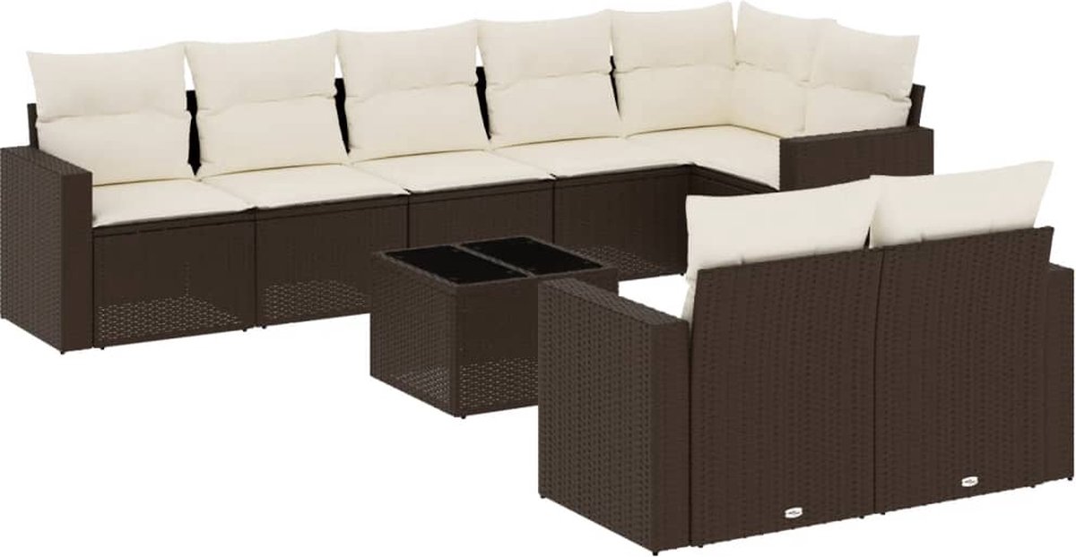 vidaXL 9-delige - Loungeset - met - kussens - poly - rattan - bruin