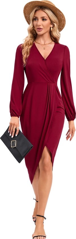Damesjurk midi-jurk met lange mouwen V-hals effen elegante feestelijke casual tuniekjurk Wijn rood XXL