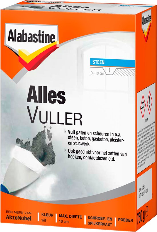 Alabastine Alles Vuller poeder, wit, 750g. Vulmiddel voor gaten en scheuren in steen, beton, gasbeton, pleisterwerk.