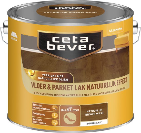 Blik CetaBever Vloer & Parketlak Natuurlijk Effect, Natuurlijk Brown Wash. Toont een houten vloer.