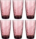 Set van zes paarse Bormioli Rocco Diamond longdrinkglazen met een facetgeslepen patroon.