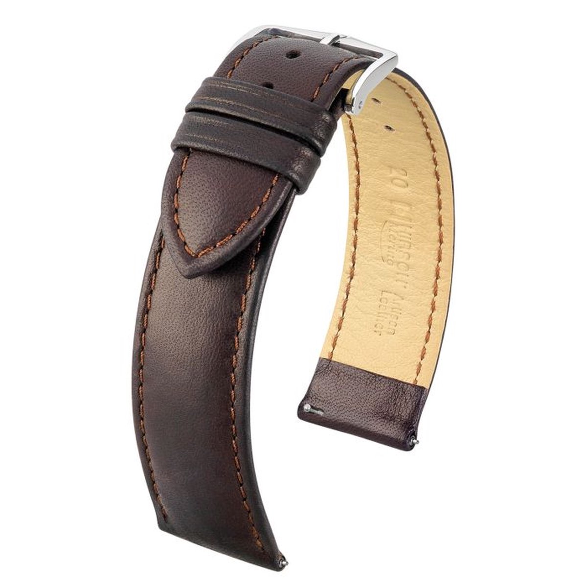 HIRSCH Merino Horlogebandje - Frans nappaleder, 20 mm Breedte bevestiging, bruin - glanzend zilver Sluit, past op Garmin, Samsung Galaxy Watch, Polar Ignite, Huawei Watch