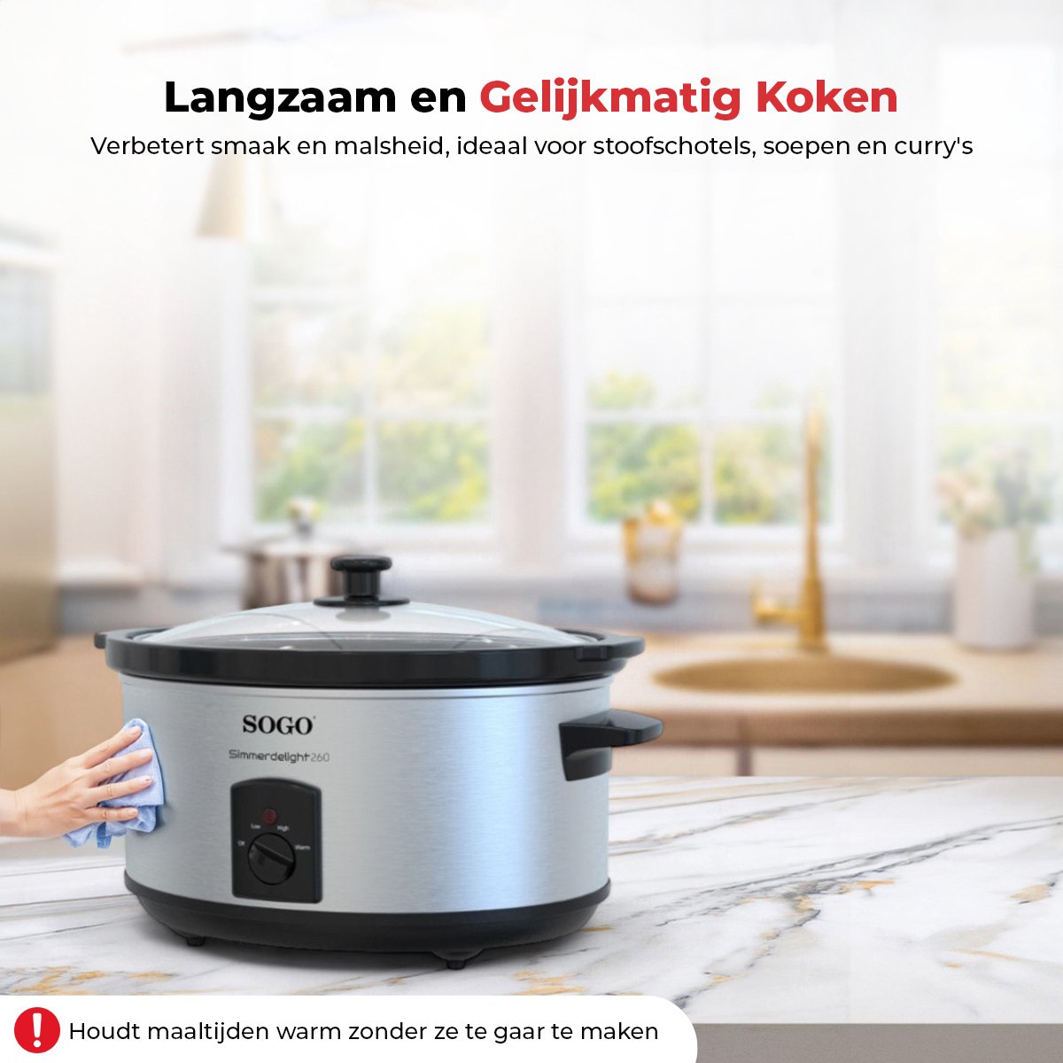 Afbeelding 2 van SOGO Slowcooker Geschikt voor 8 Personen - 5.5 Liter - 3 Kookfuncties - 260W - RVS