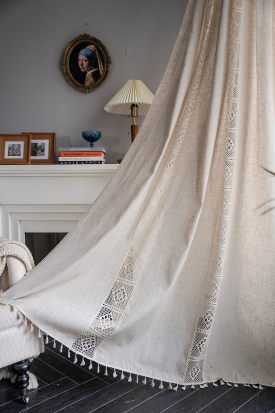 Boho Rideaux Pour Salon Vintage Gland Crochet Dentelle Rideaux Rideaux Pour Chambre Fenêtre Ferme Rétro Creux Sheer Rideaux, 59"W × 86"L (150cm X220cm) --Beige Cube