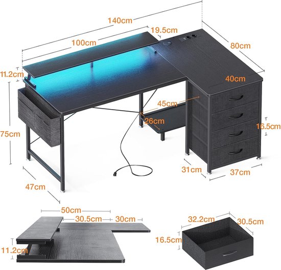 SyberDesk Gaming Hoekbureau V2 LED, 197 x 132 cm, RGB speeltafel in L-vorm, USB-hub, kabelbeheer, L-vormig computerbureau (links, hout SyberDesk Gaming Hoekbureau V2 LED, 197 x 132 cm, RGB speeltafel in L-vorm, USB-hub, kabelbeheer, L-vormig computerbureau (links, hout