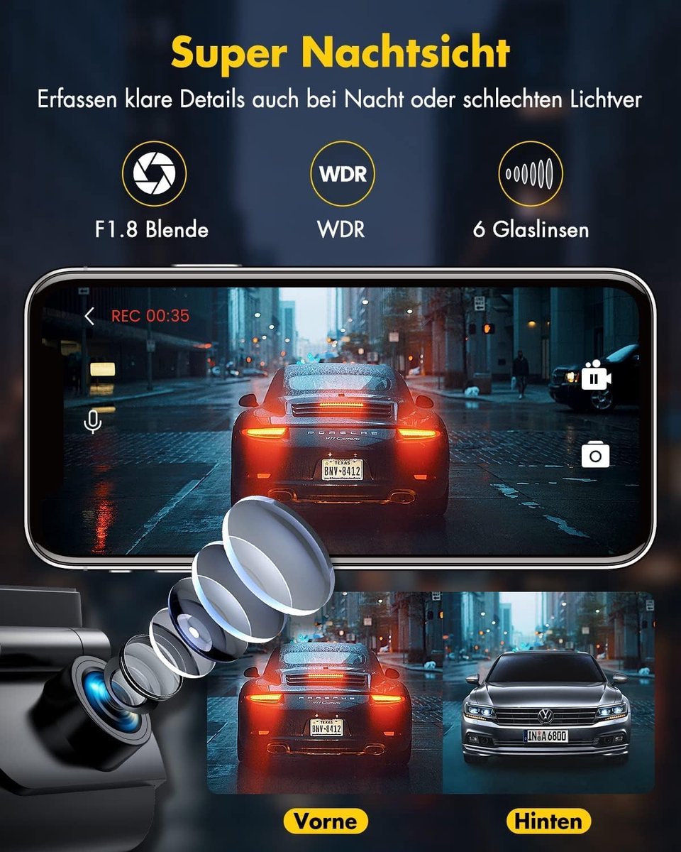 HD Car Camera Driving Video Recorder Voor En Achter Cabine Camera 4K Dashcam Voor De Auto - Voor En Achter Met Hardwire Kit, Wifi Dashcam Met Parkeerbewaking 64 Gb Sd Kaart 3