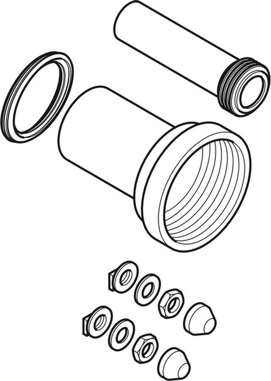 Technische tekening van een zwart aansluitgarnituur voor wandcloset met een ring, twee dopjes en een buis.