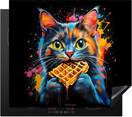 Grote inductieplaat beschermer met een gedetailleerde afbeelding van een kleurrijke graffiti kat die een wafel eet.