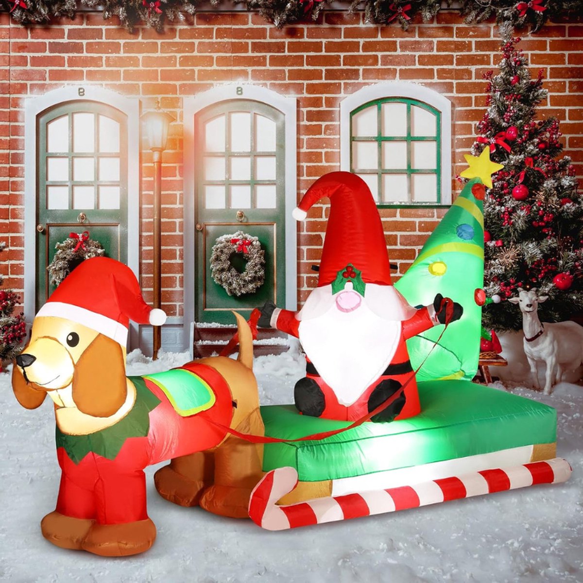 Opblaasbare Kerstdecoratie voor Buiten 2,5 m Lang Verlichte Kerstfiguren Kabouter Teckel Slee Kerstboom Weerbestendig XXL Buitenversiering