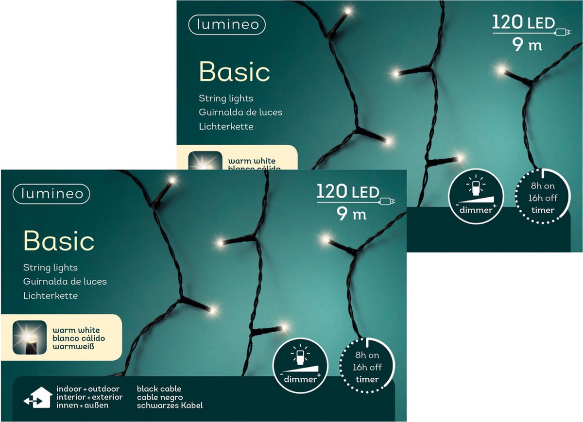 Lumineo Kerstverlichting - 2x - 120 led lampjes - warm wit - 9 meter - lichtsnoer - kerstlichtjes - kerstboomverlichting