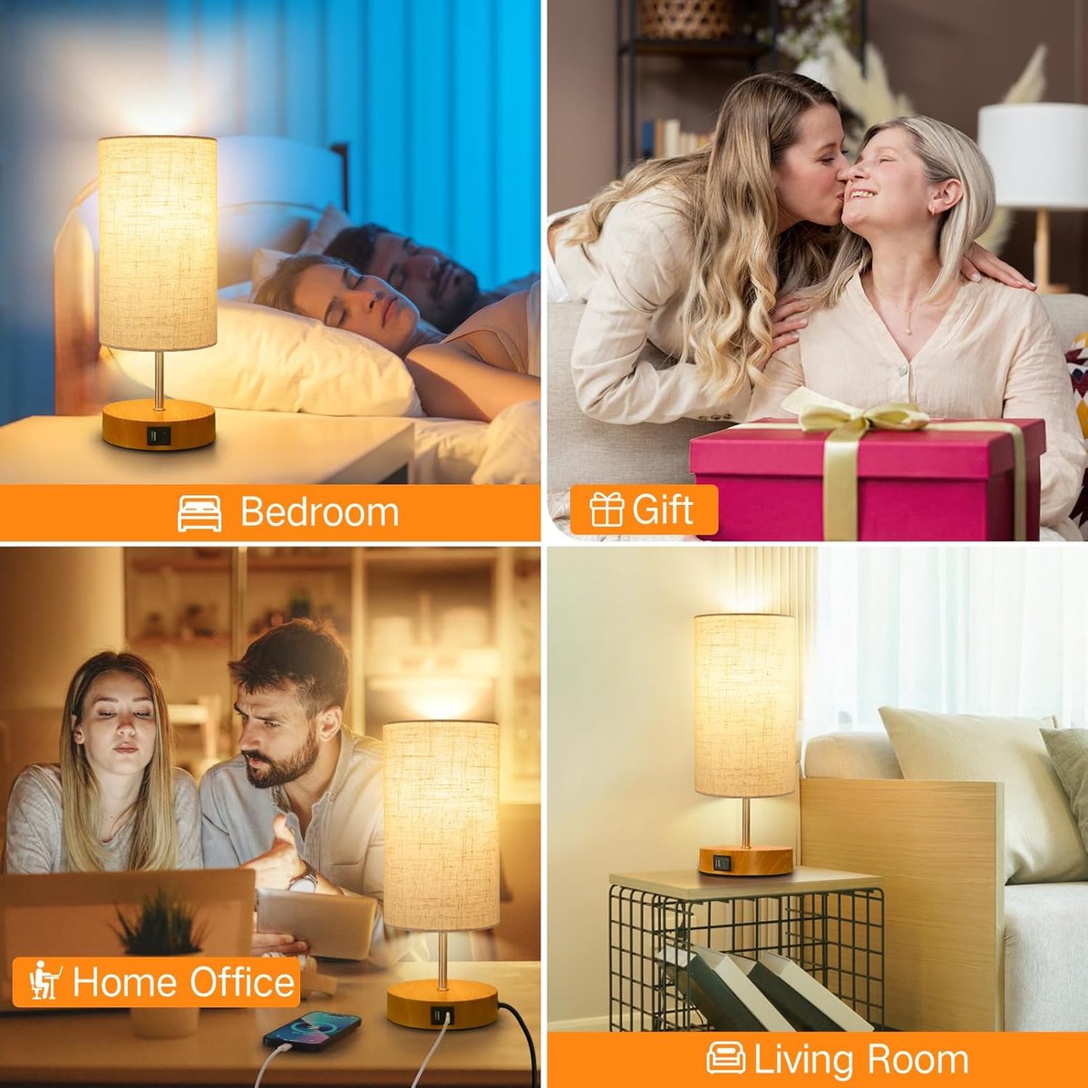 Bedlampje set van 2 - bedlampje met oplaadfunctie USB A C-poorten, 2 LED- lampen, linnen lampenkap 3 instelbare kleurtemperatuur tafellamp voor woonkamer slaapkamer kantoor kinderkamer