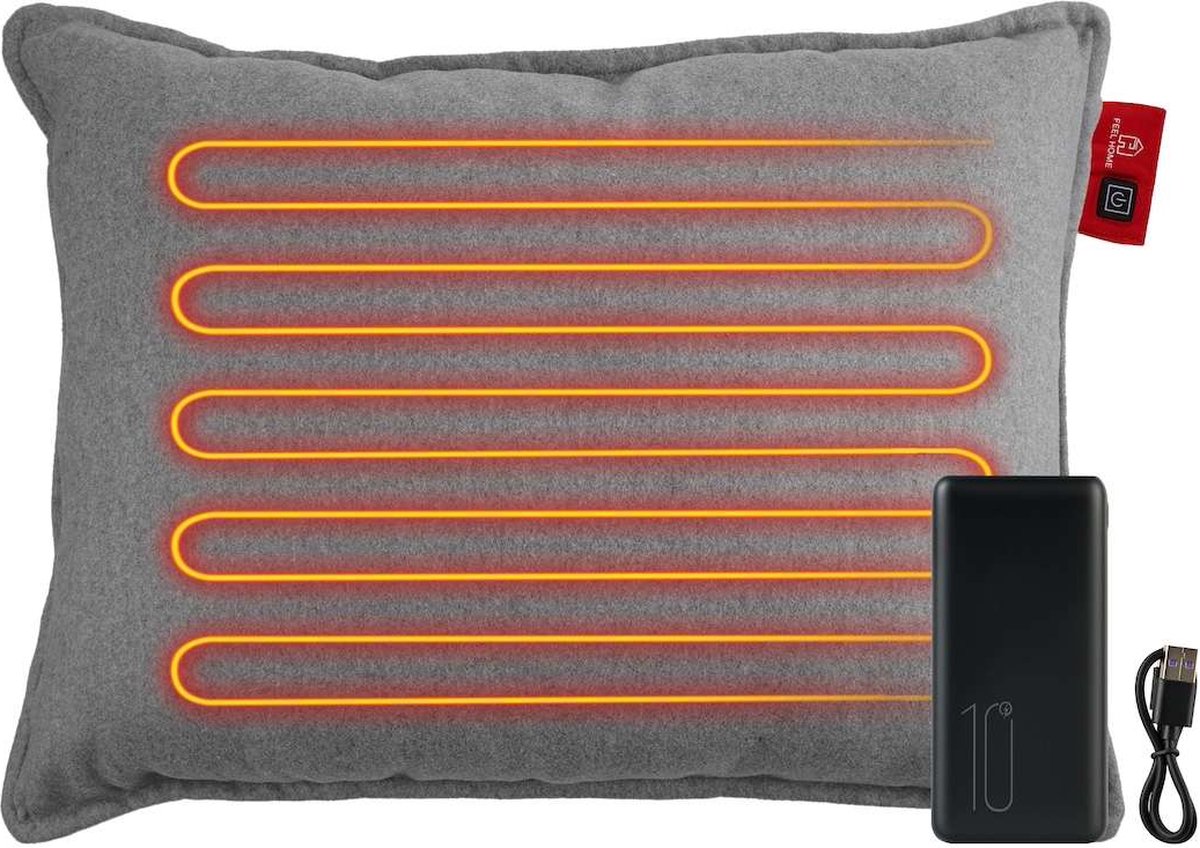 Feel Home - Verwarmend Kussen - Effen Grijs 45x60cm - met 10000mAh Power bank