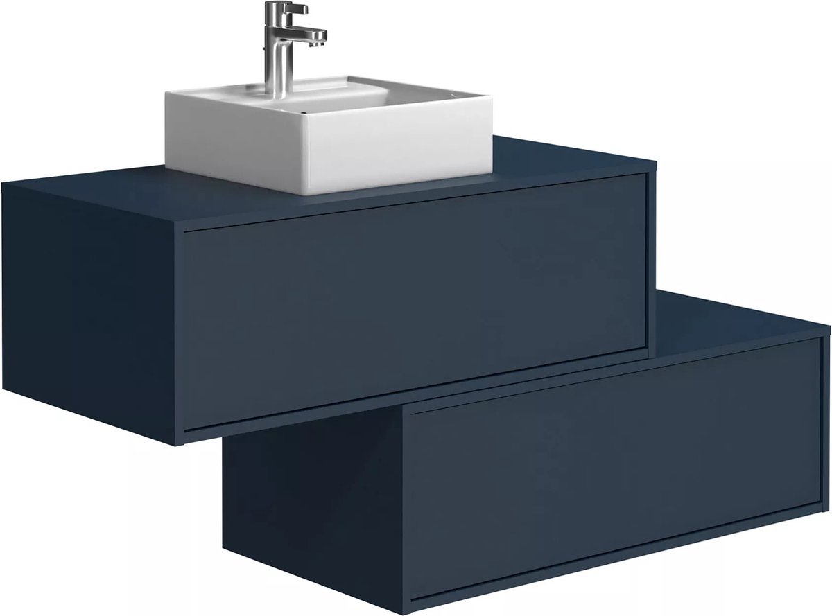 Vente-unique Nachtblauw zwevend badkamermeubel met enkele wastafel en twee lades - 94 cm - TEANA II
