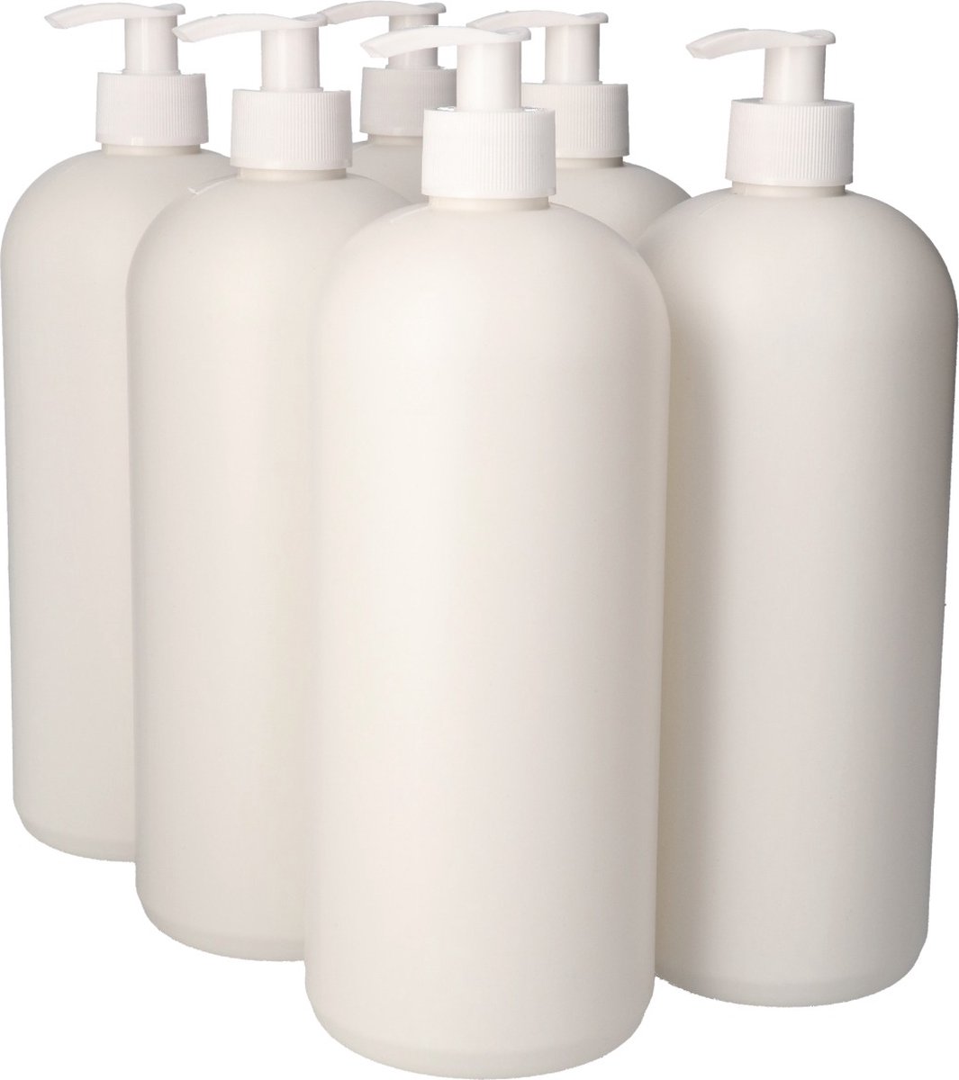 6 x Gerecyclede Plastic Fles 1000 ml Dispenserpomp, Wit - Rond- Gerecycled HDPE Kunststof - Onbreekbaar - ca. 70% minder Co2 uitstoot door gerecycled materiaal - 6 stuks