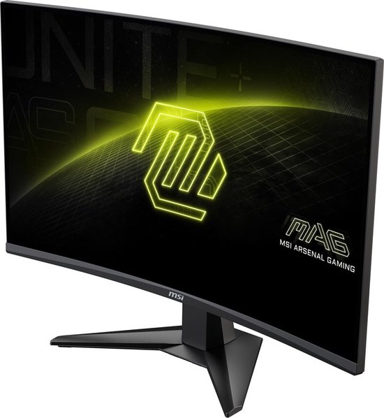 Gebogen MSI MAG gaming monitor met groene accenten en een logo.