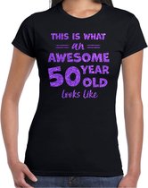 T-shirt Bellatio Decorations Fancy Dress femme - 50 ans - génial - noir - violet pailleté - Sarah XXL