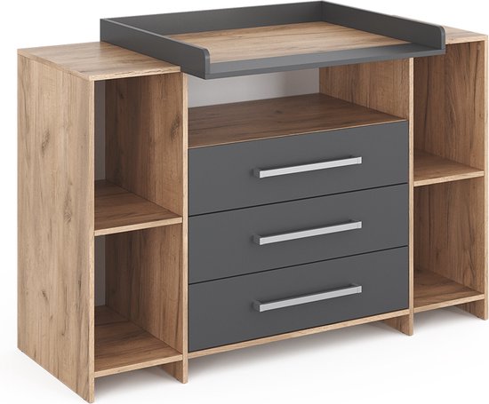 Commode met open vakken aan de zijkanten en drie antracietgrijze laden.