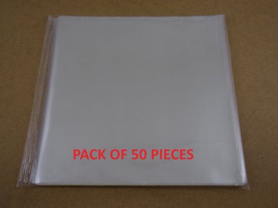 Een pak van 50 doorzichtige plastic hoezen, met rode tekst 'PACK OF 50 PIECES'.
