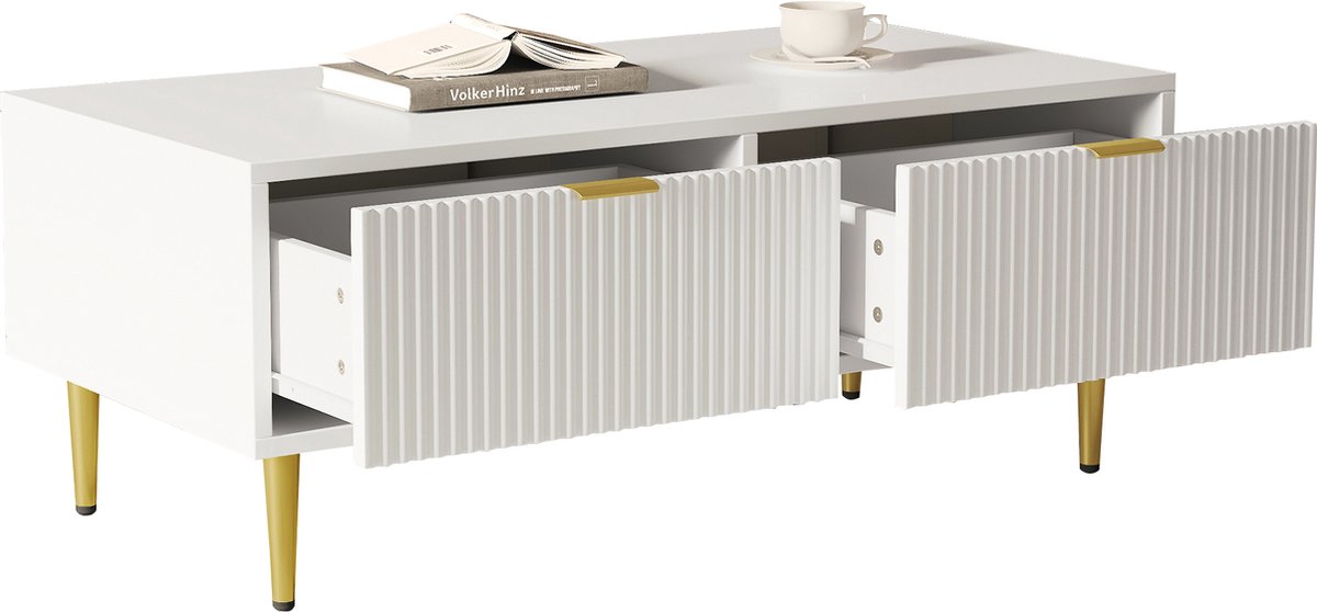 Merax Salontafel met Laden – 100x50 cm – Wit met Gouden Accenten