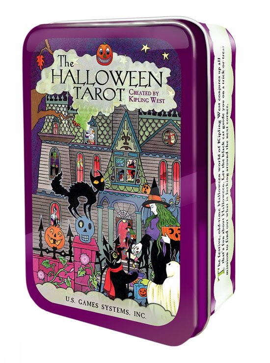 Paarse 'The Halloween Tarot' opbergdoos met illustratie van een griezelig huis, katten, heks en pompoenen. Tekst: 'The Halloween Tarot Created by Kipling West'.