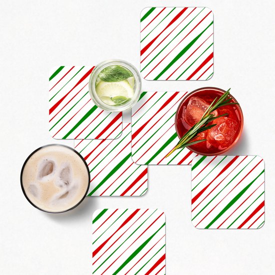 Sous-verres verres pour verres - Motifs - Noël - Rayures - 10x10 cm - Sous-verres en verre - 6 pièces - Décoration de table de Noël - Décoration de table de Noël - Décoration de table