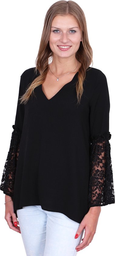 John Zack Elegante zwarte blouse, kanten mouwen