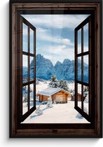 Poster in lijst - Fotolijst 80x120 cm - Posters - Doorkijk - Winter - Landschap - Huisje - Bergen - Posterlijst zwart - Decoratie - Wanddecoratie woonkamer - Muurdecoratie slaapkamer