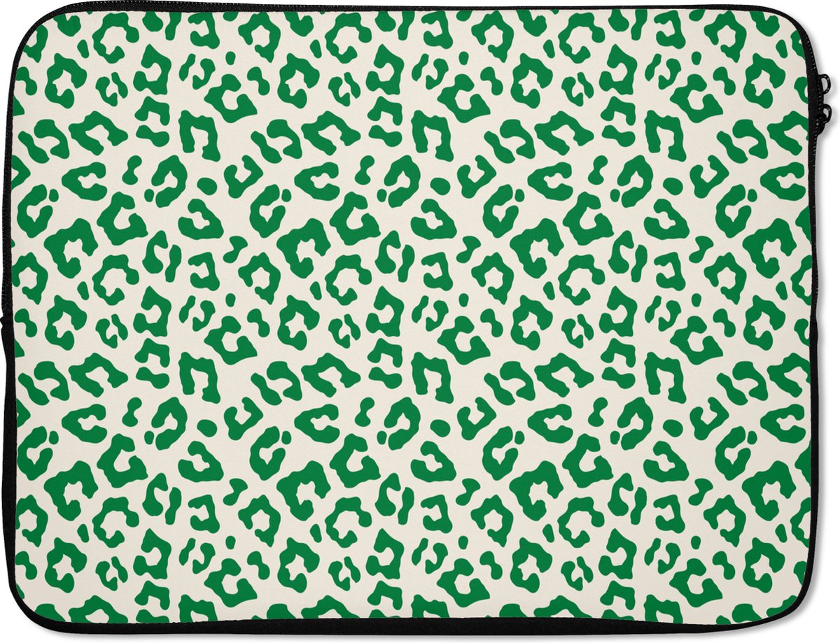 Laptophoes 17 inch - Panterprint - Groen - Beige - Dierenprint - Laptop sleeve - Binnenmaat 41x28 cm - Zwarte achterkant