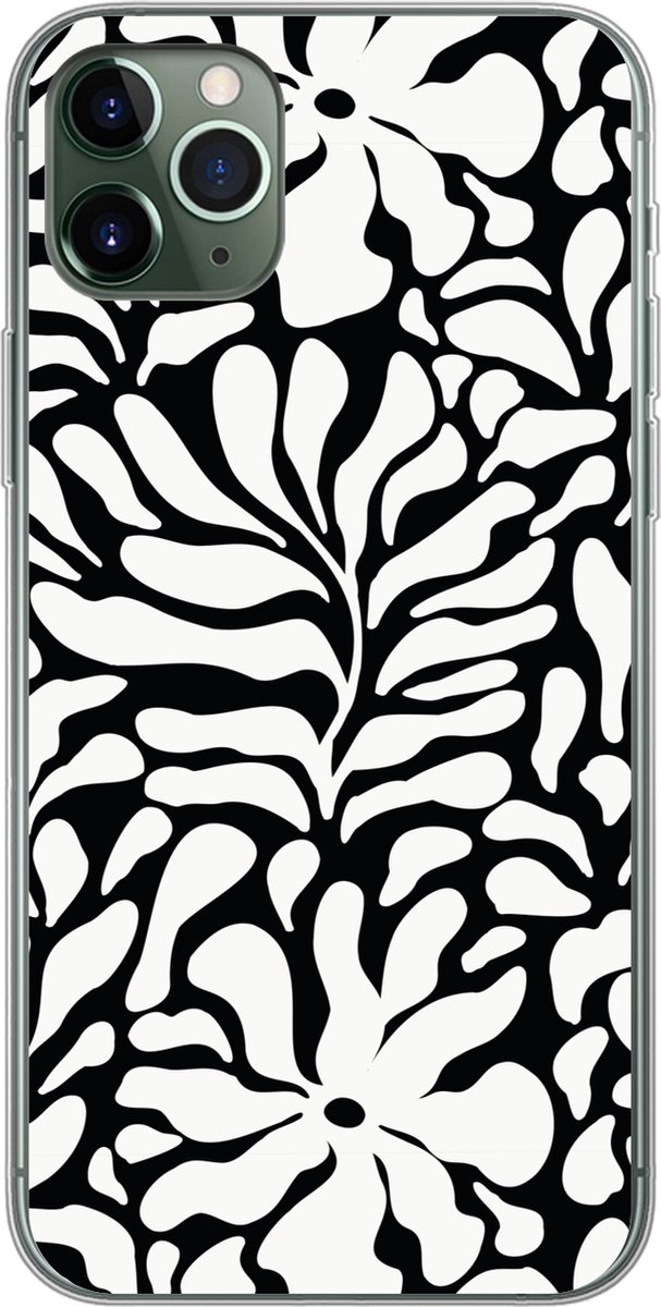 Telefoonhoesje Geschikt voor iPhone 11 Pro Max hoesje - Bloemen print - Zwart - Wit - Bladeren - Siliconen Telefoonhoesje Telefoonhoesje