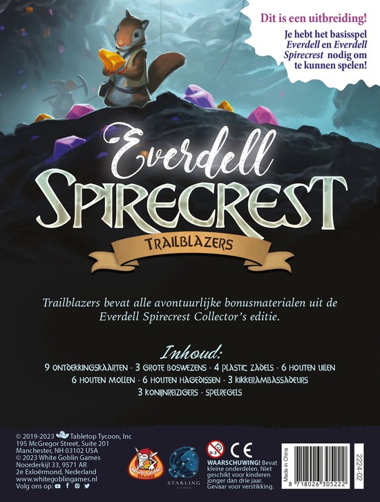 De uitbreiding EVerdell Spirecrest Trailblazers toont een eekhoorn met een geel kristal op een rotsachtige ondergrond met paarse kristallen. Bevat 9 ontdekkingskaarten, 3 grote boswezens, 4 plastic zadels, 6 houten uilen, 6 houten mollen en 3 kikkerambassadeurs.
