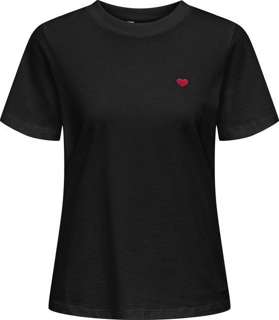 Zwart dames t-shirt met opgestikte rode hartapplicatie op de borst.