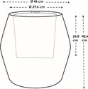 Technische tekening van een beige pot met afmetingen.