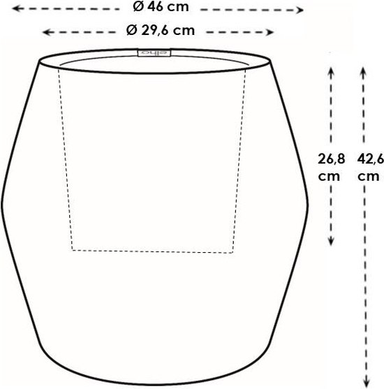 Technische tekening van een beige pot met afmetingen.