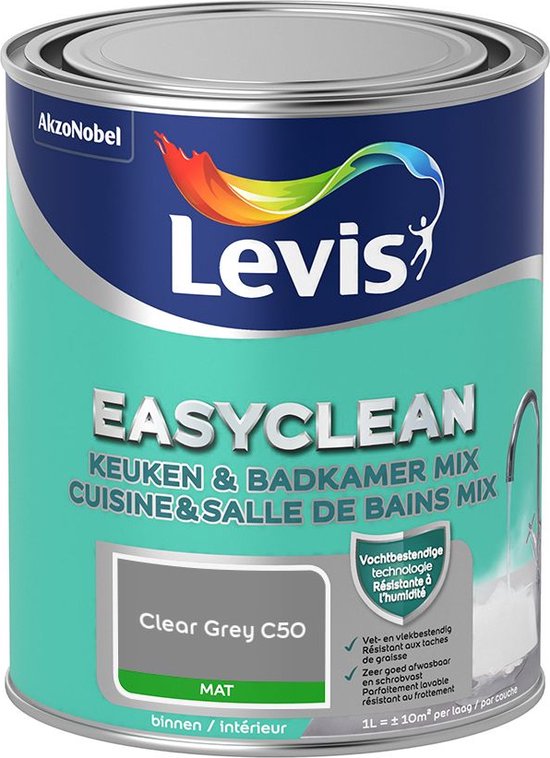 Boîte de peinture Levis Easyclean Cuisine & Salle de bain Mix, couleur Gris Clair C50, mat, 1L.