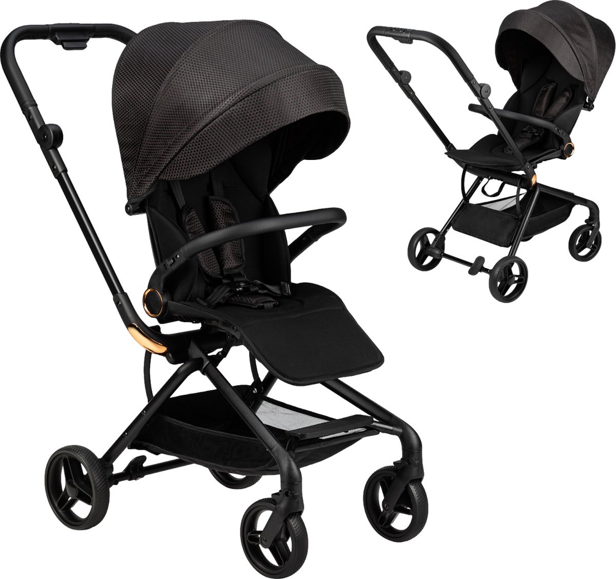 MoMi ADELLE Kinderwagen - 360° Draaibare Zitting - Omkeerbaar Zitje - Verstelbare Rugleuning - Tot 22 kg - Zwart Goud