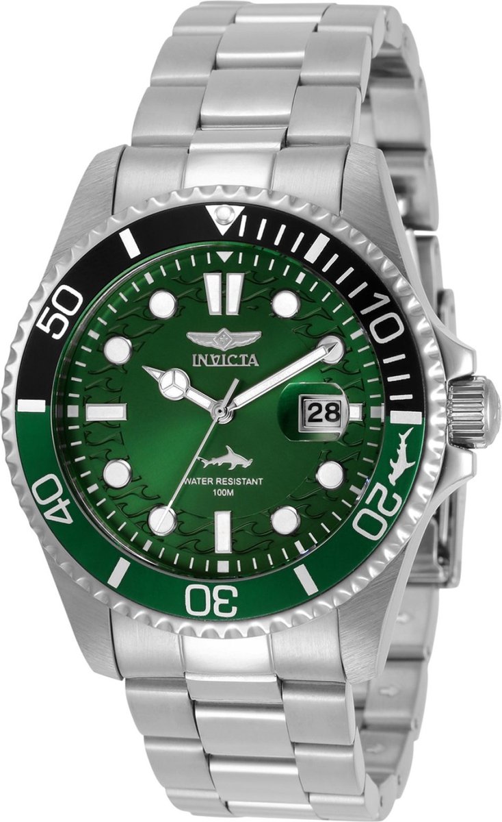 Invicta Pro Diver 30808 Heren Horloge - Waterdicht - Analoog - Quartz Uurwerk - Roestvrij Staal met groene Wijzerplaat - 43mm
