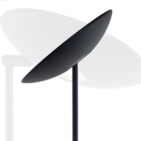 Lampadaire moderne noir avec un abat-jour rond en forme de disque.