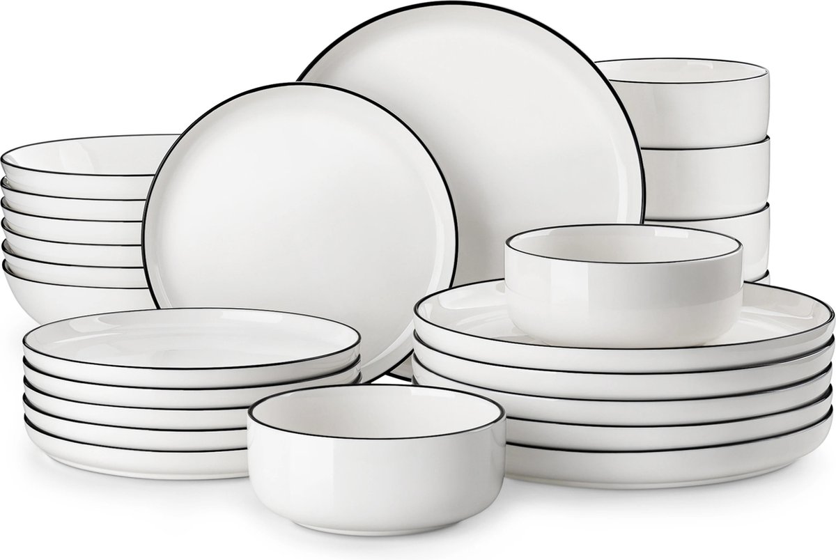 Serviesset - 6 Persoons Servies - Keramiek - Diner- en Dessertbord - Ontbijt- en Pastakom - 24-delige Set - Wit - Zwart