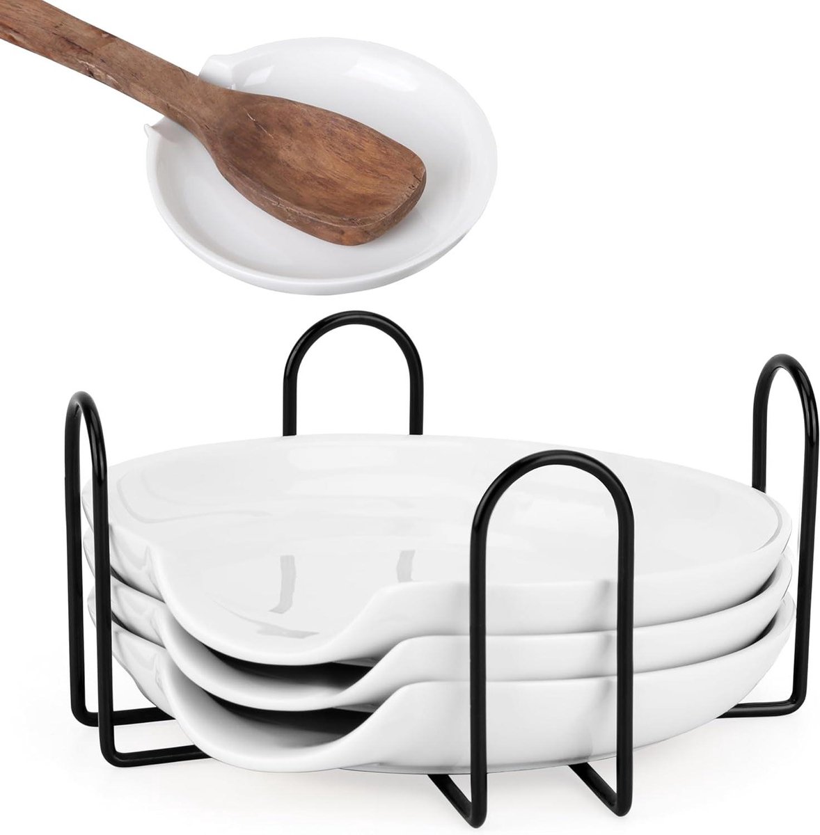 Keramische Lepel Standaards Set van 4 met Houder - 135 cm Ronde Trays - Keuken Werkblad Bestekhouder - Kooklepels Spatels & Andere Kookwaren .