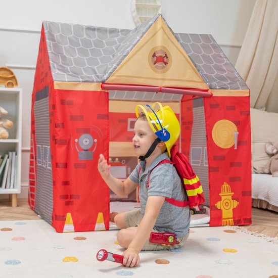 Selonis Speelhuisje brandweer 110x80x115 - Speeltent voor binnen - Kindertent speelhuis - Rood-Grijs van Merkloos — afbeelding 2