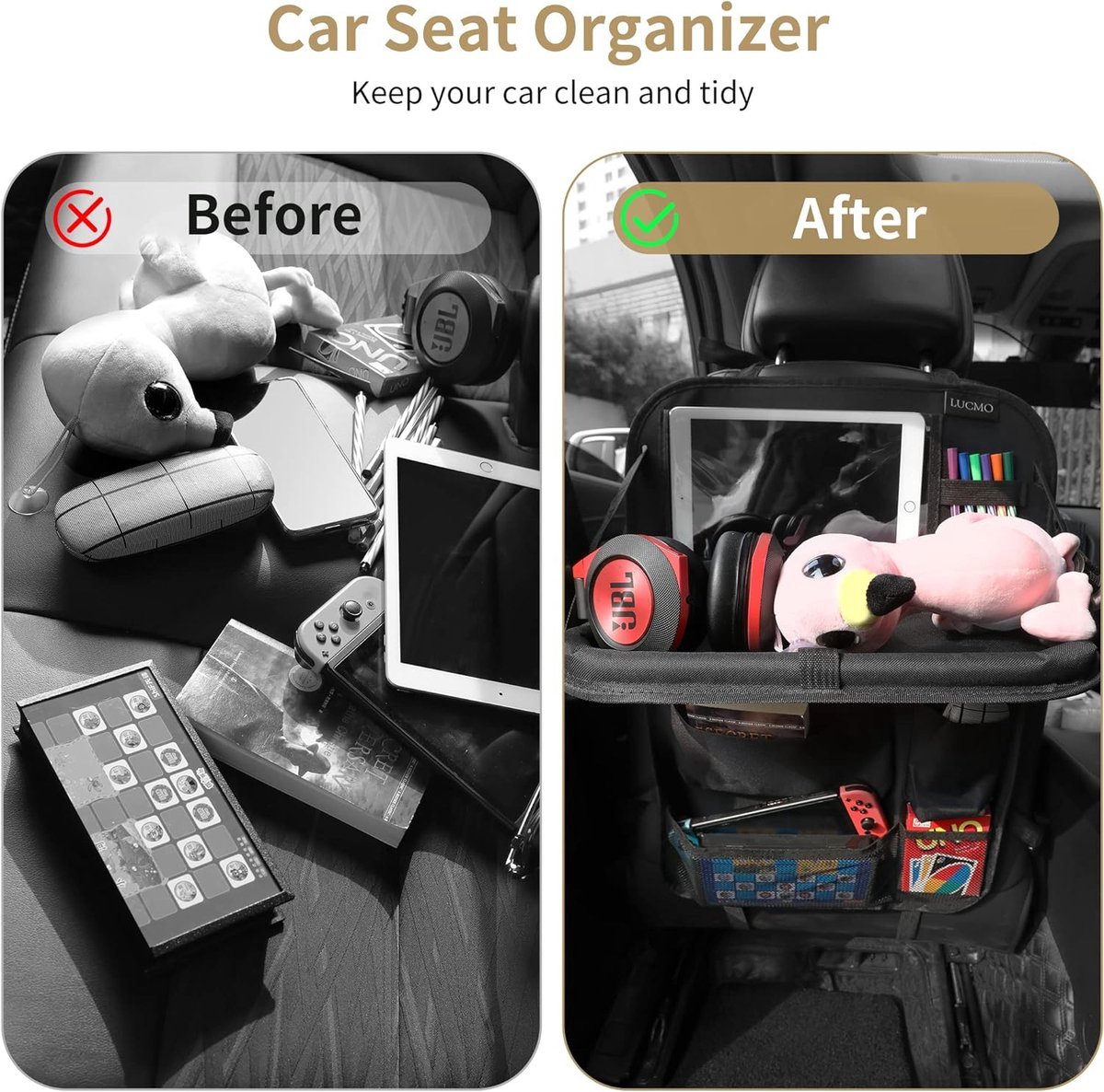 Autostoelorganizer achterbank-organizer met tablet- en telefoonopslag - waterdicht - multifunctioneel - autotas voor kinderen met LUCMO reistafel – foto 3