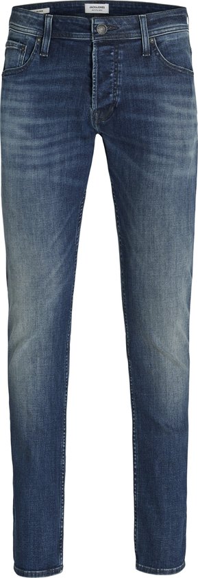 Blauwe spijkerbroek met knopen, met lichte vervaging.